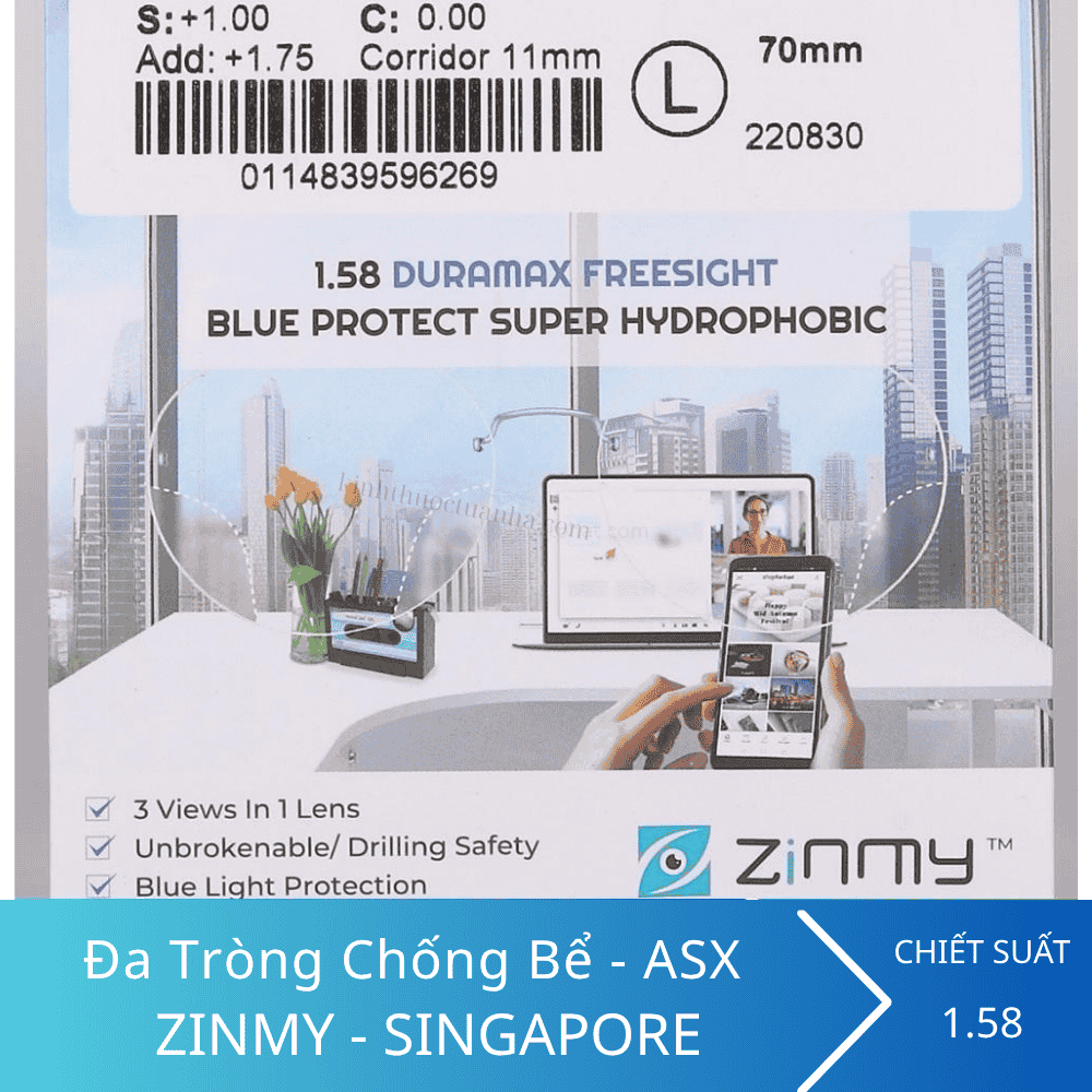 Kính Đa tròng chống ánh sáng xanh chống bể Zinmy 1.58 Duramax