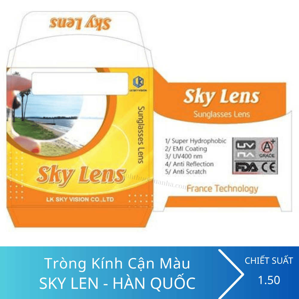 Tròng kính Cận màu Vàng, Khói, Trà, Xanh Sky Lens 1.50 SHMC