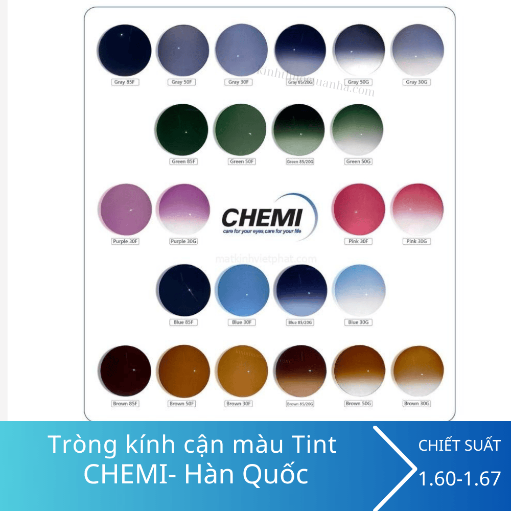 Tròng kính Chemi cận màu Tint 1.60 UV400 SP Crystal U2 Coated