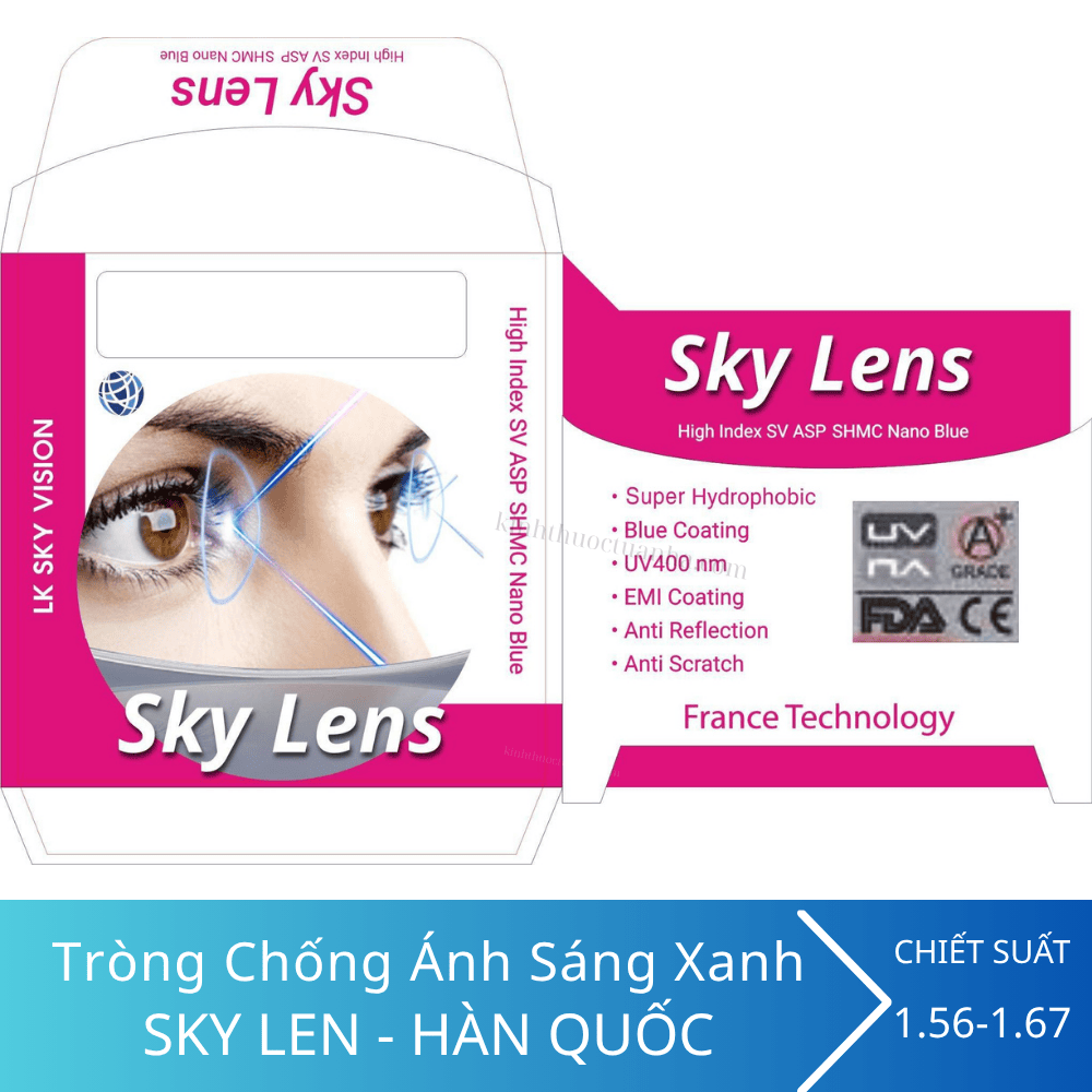 Tròng kính chống ánh sáng xanh Sky Lens 1.67 ASP UV400 Nano Blue SHMC