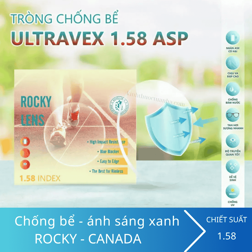 Tròng kính chống bể ánh sáng xanh Rocky Blue 1.58 ASP
