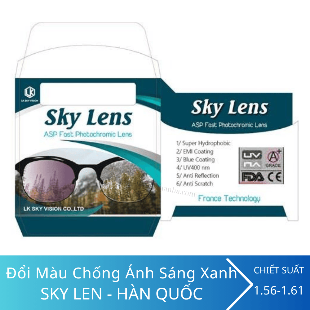 Tròng kính đổi màu ánh sáng xanh Sky Lens 1.61 ASP UV